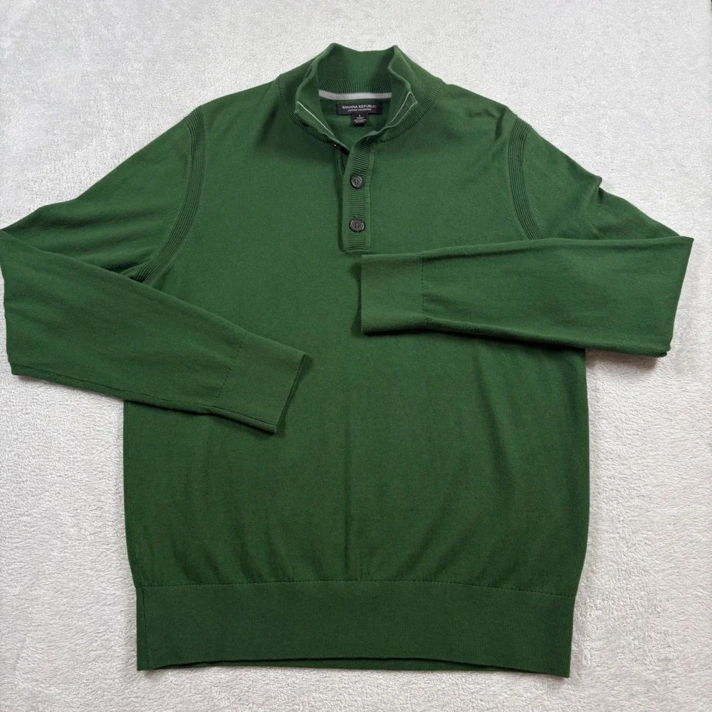 Banana Republic Mens Green Cotton Cashmere Blend Mock Neck Button Sweater‎ Large